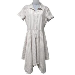 Vintage Liz Claiborne Shirt Dress Size 10 Beige White Stripe Midi Handkerchief